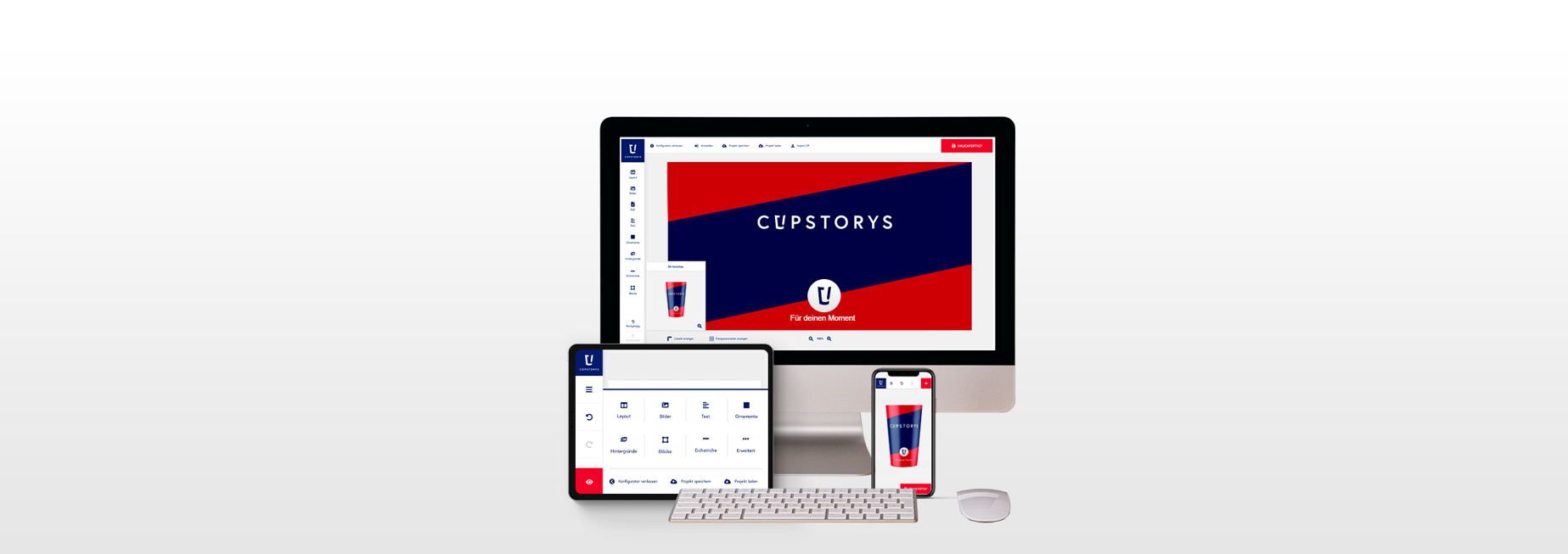 Werbebecher in Szene setzen und bedrucken bei cupstorys.com